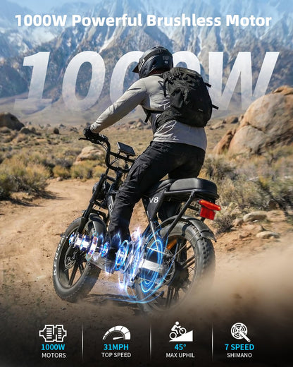 OUXI V8 Electric Bike for Adults, Ebike with15.6AH Removable Battery Max 60Miles, 20" Electric Dirt Bike Dual Disc Brakes, 7-Speed Gear, Electric Motorcycle for Commuting & Off-Road