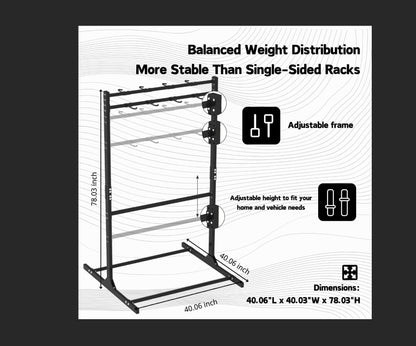 Freestanding Bike Storage Rack for 8 Bikes Heavy Duty Adjustable Bike Rack for Garage Organization & Storage Bike Rack with Hooks for Helmets and Accessories for Road, Mountain & Hybrid Bicycles
