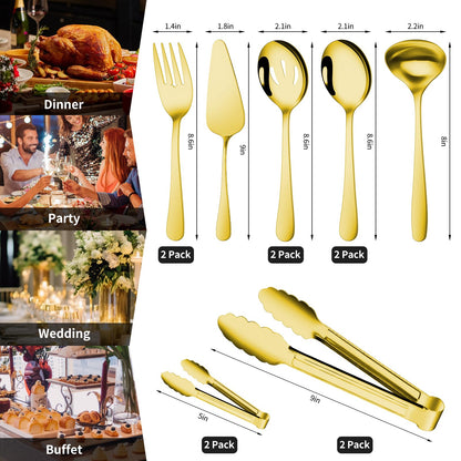 Gisly Gold 12 Pieces Serving Utensils Include Large Serving Spoons,Slotted Serving Spoons,Serving Forks,Serving Tongs,Appetizers Tongs,Soup Ladle and Pie Cake Server for Buffet Catering