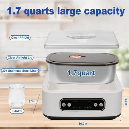 1.7-Quart Yogurt Maker with Adjust Temp(21°C-48°C/70°F-118°F) & Time(1-99h),110V-240V Auto-adaptive,Steel Inner Pot,BPA-free,Celsius Increment,Real-Time Countdown LED Display (Addition 9 Jars)