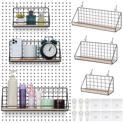 Roowest 3 Sets Metal Pegboard Shelves with Steel Peg Board Brackets and Hooks Wall Organizer Storage Display Tray Accessories for Craft Room Home Office Garage Nursery Workbench Kitchen(Black)