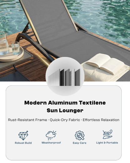 Patio Kingdom Patio Chaise Lounge Chairs Set of 6, All-Weather Aluminum Pool Loungers for Outside, 5-Position Adjustable Sunbathing Chairs for Tanning, Stackable for Backyard, Poolside, Grey