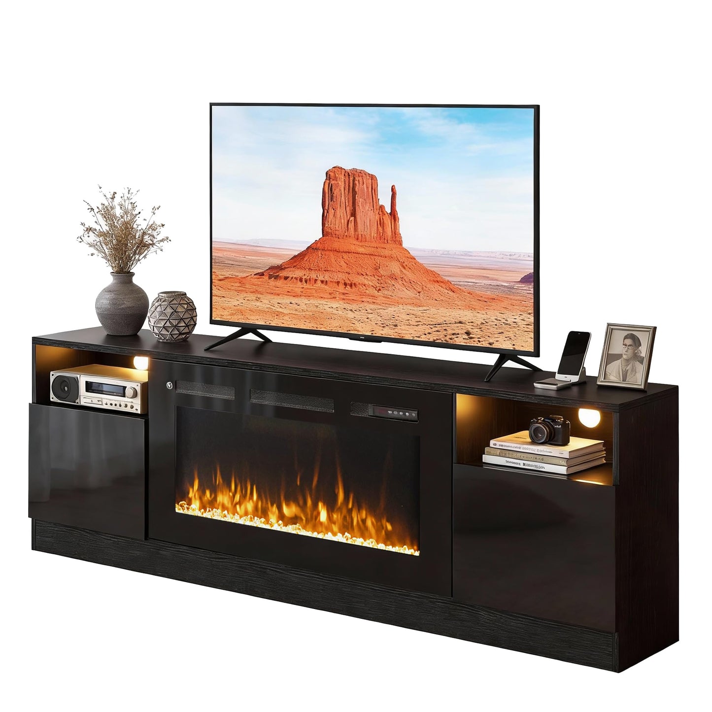OneBlis 70" Fireplace TV Stand with 36" Electric Fireplace, LED Light Entertainment Center for TVs Up to 80", High-Gloss Door, Modern TV Console for Living Room with Storage Cabinet, Black+Black