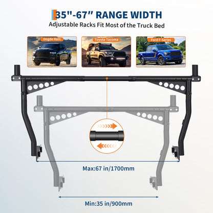 GarveeTech Universal Extendable Truck Ladder Rack, 52"-82" Adjustable Mobile Steel Rack, 1000 Lbs Capacity, No-Drill Heavy-Duty Pickup Rack for Kayaks, Lumber, Ladders, Surfboards, Rooftop Cargo -Pair