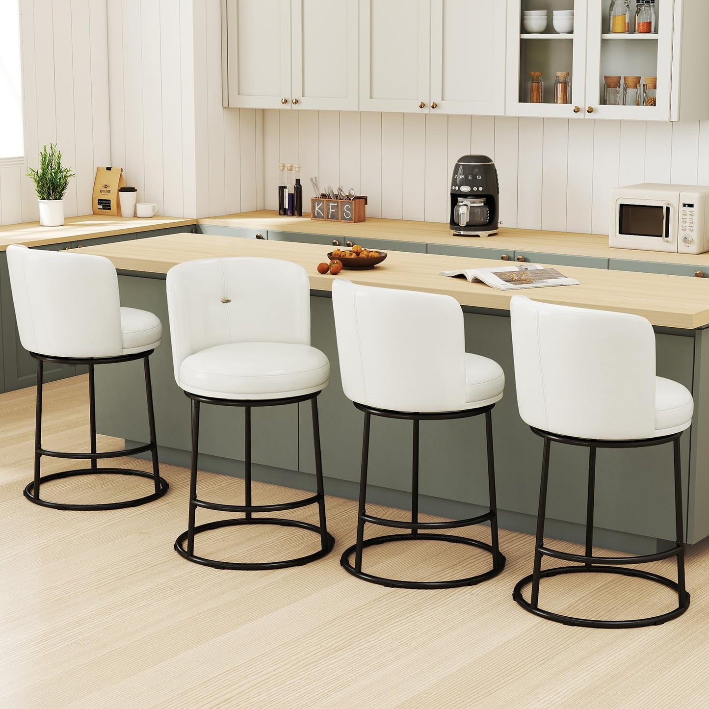 SAECKBERG Swivel Counter Height Bar Stools Set of 4, 26" H Modern Bar Stools for Kitchen Island Counter, Upholstered Barstools with Backs, Counter Height Chairs （White, Faux Leather）