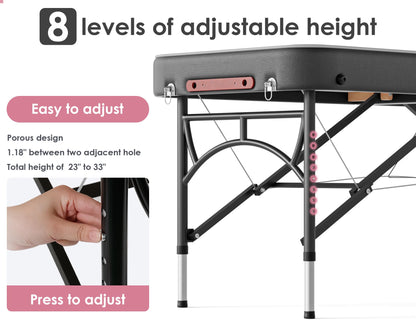 CLORIS 84" Professional Massage Table Portable Reinforced Aluminium Leg Hold Up to 1100LBS 2 Folding Lightweight Spa Salon Tattoo Massage Bed Height Adjustable with Carrying Bag Black