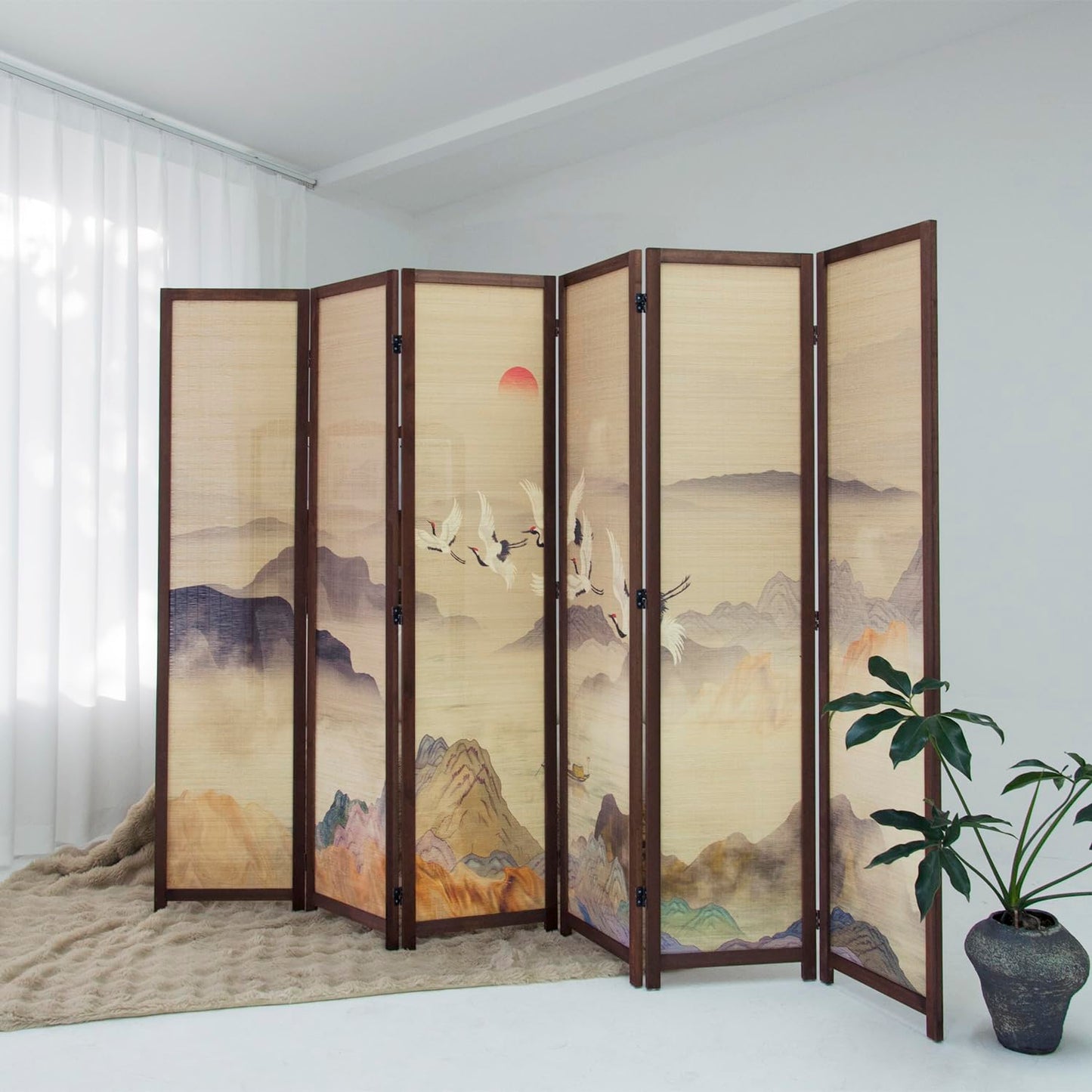 Furnnylane 6 Panel Bamboo Room Divider, 5.6 ft Tall Double-Sided Freestanding Folding Privacy Screen, Premium Thickened Wood Frame with Colorful Landscape Pattern for Home Office (67" H x 94.5" W)