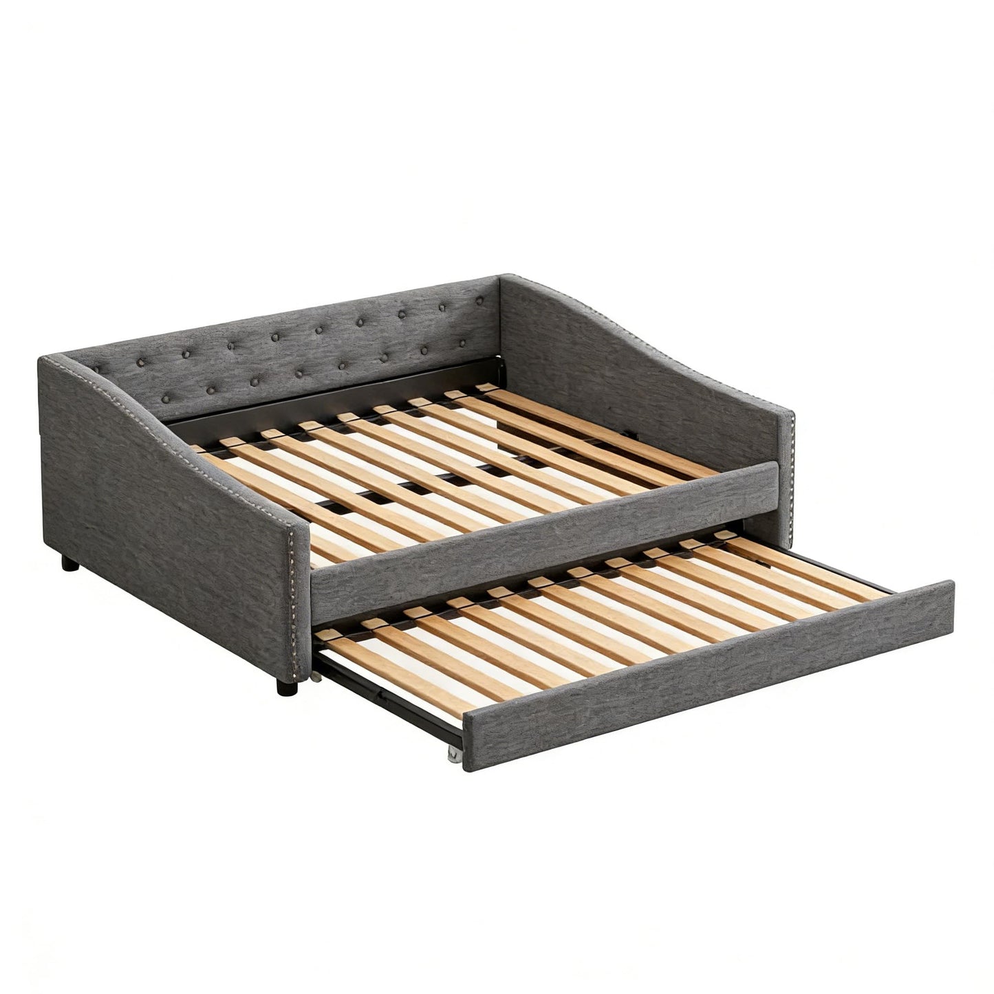 FAVSH Upholstered Daybed with Trundle, Full Size Day Bed w/Button-Tufted Back and Piping on Waved-Shape Arms for Bedroom or Guest Room, No Box Spring Required, Dark Gray