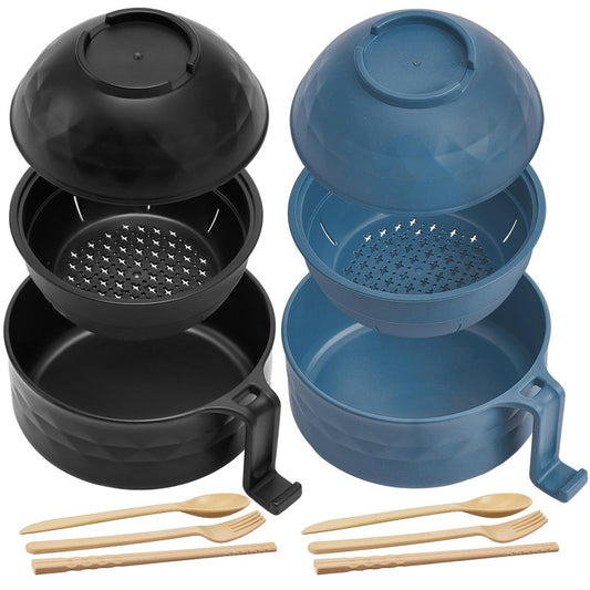 Romooa 2 Sets Microwave Ramen Bowl 40 oz Wheat Fiber Portable Instant Noodle Cooker Bowl with Handles Strainer Spoon Chopstick Fork College Dorm Room Apartment Essentials(Black,Dark Blue)