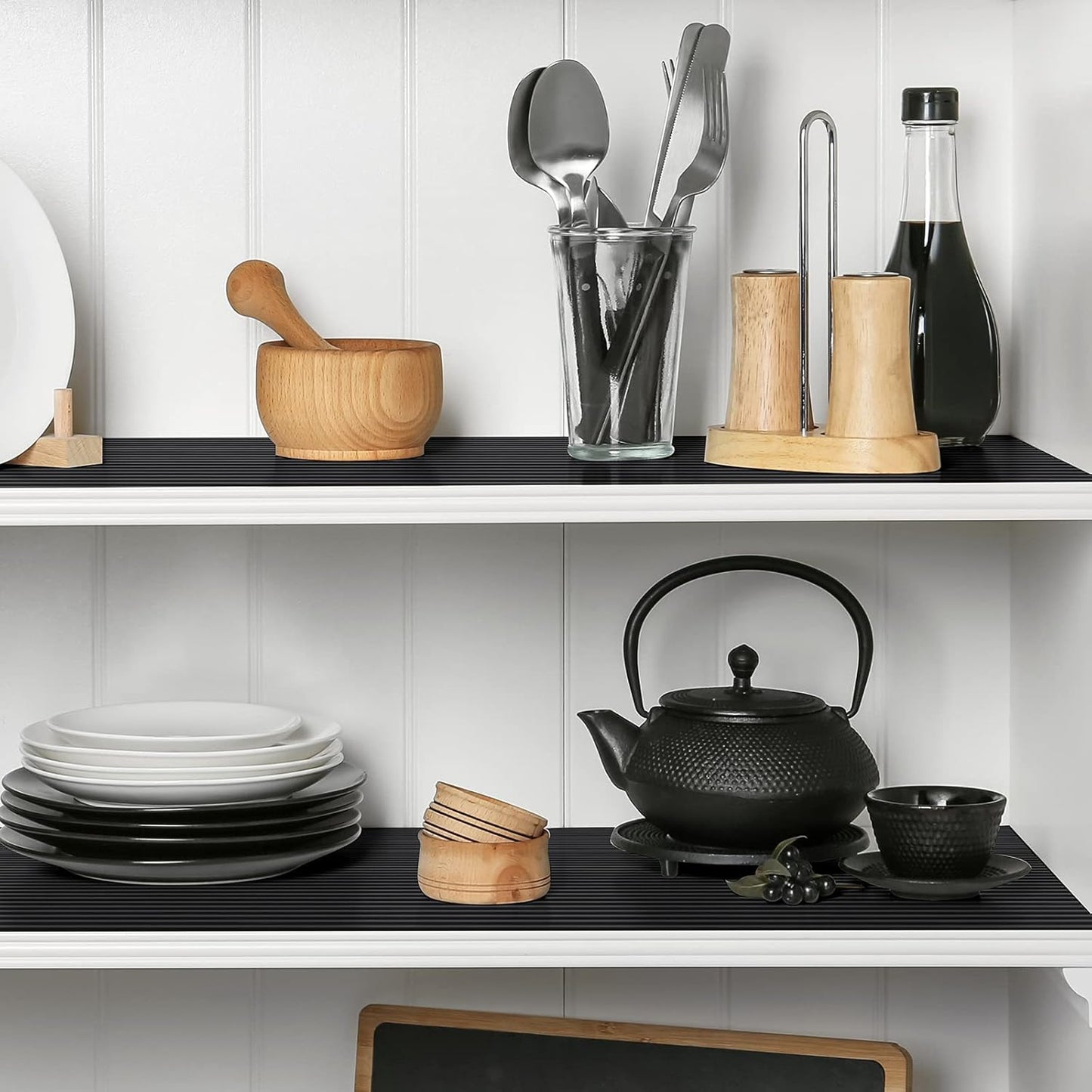 Black Shelf Liners for Kitchen Cabinets - Non-Adhesive Waterproof Washable Drawer Mat Liner for Bathroom and Pantry