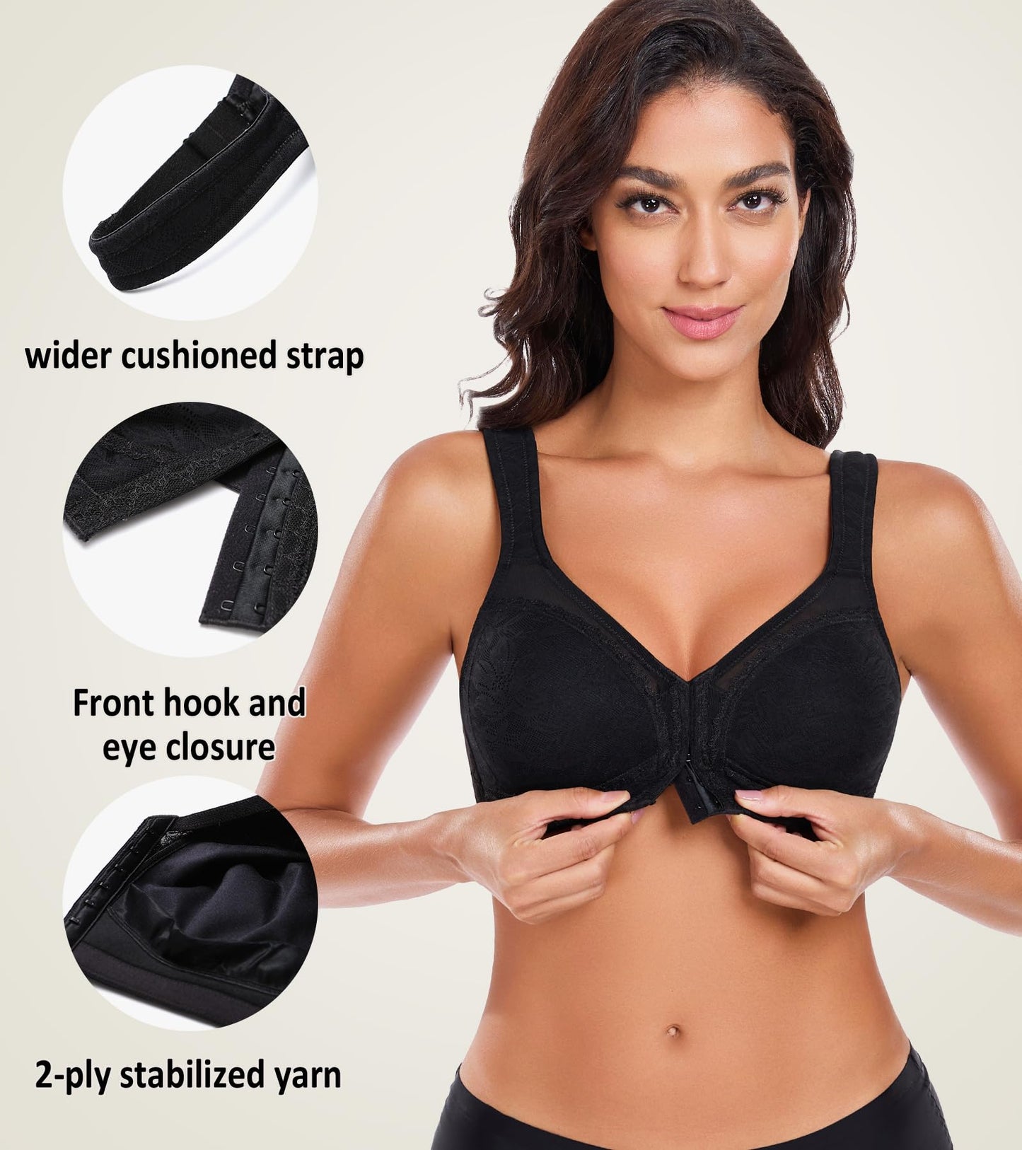 Lemorosy Women's Full Coverage Plus Size Front Closure Posture Back Non-Padded Wireless Support Minimizer Bra (38G, Black)