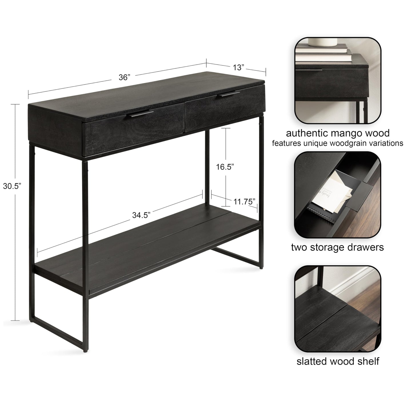 Kate and Laurel Malone Modern Wooden Console Table with Wood Shelf; 36 x 13 x 31; Black; Transitional Wood Entryway Table with Shelf and Drawers for Entry Storage Options