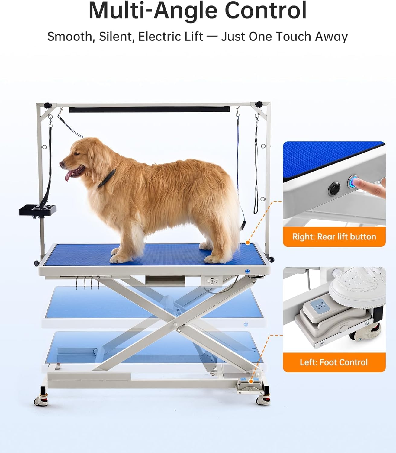 POLIMO LED Professional Electric Dog Grooming Table - 50" Heavy Duty Dog Grooming Station with LED, Button & Foot Control, Grooming Arm, Leveling Wheels, Anti-Slip Top & Tool Organizer (50", White)