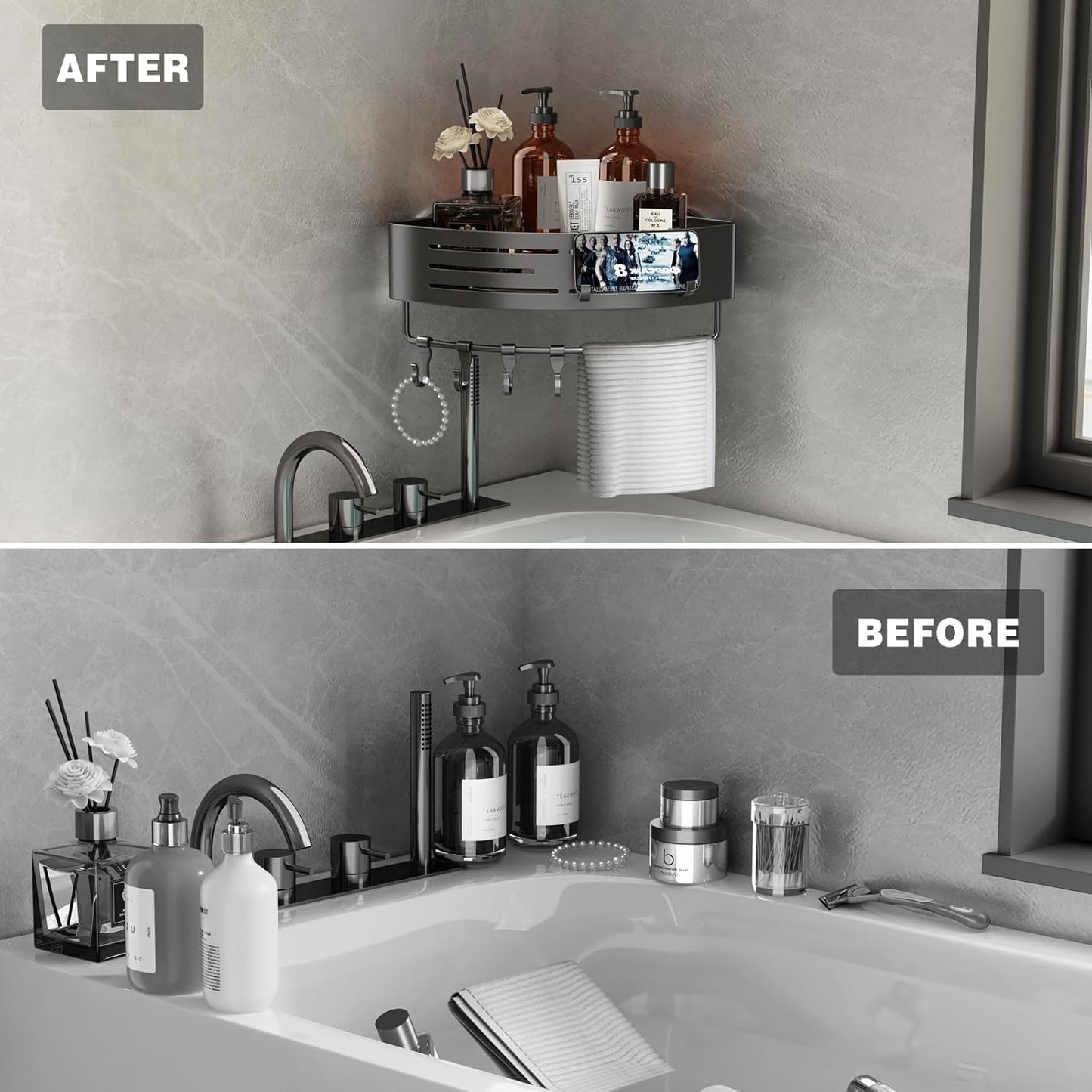 1 Pack Voldra Corner Shower Caddy Suction Cup, Corner Shower Shelves No Drilling, Aluminum Upgrade Suction Cup Shower