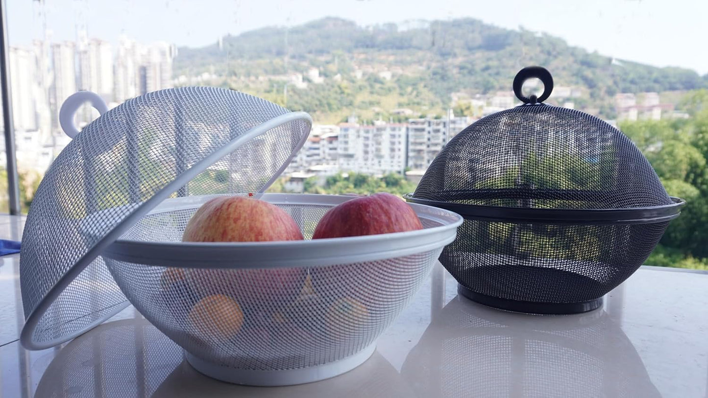 YELKPX Metal Mesh Fruit Bowl with Lid (Set of 2) - Fruit Fly Proof Kitchen Counter Storage Basket for Fruits, Vegetables, Bread - Black White Green Gray Options (Black & White)