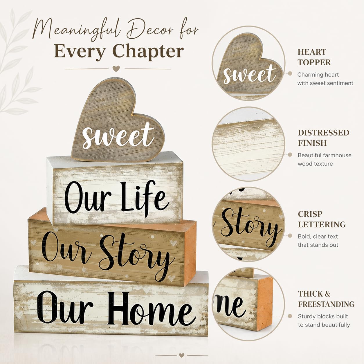 4 Pcs Farmhouse Table Decor, Wooden Heart Tiered Tray Decorations with Sweet Home Sign, Rustic Our Life Our Story Our Home Decor for Table, Kitchen, Office, Mantel, Shelf, Housewarming Gift