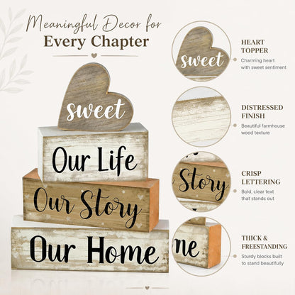 4 Pcs Farmhouse Table Decor, Wooden Heart Tiered Tray Decorations with Sweet Home Sign, Rustic Our Life Our Story Our Home Decor for Table, Kitchen, Office, Mantel, Shelf, Housewarming Gift