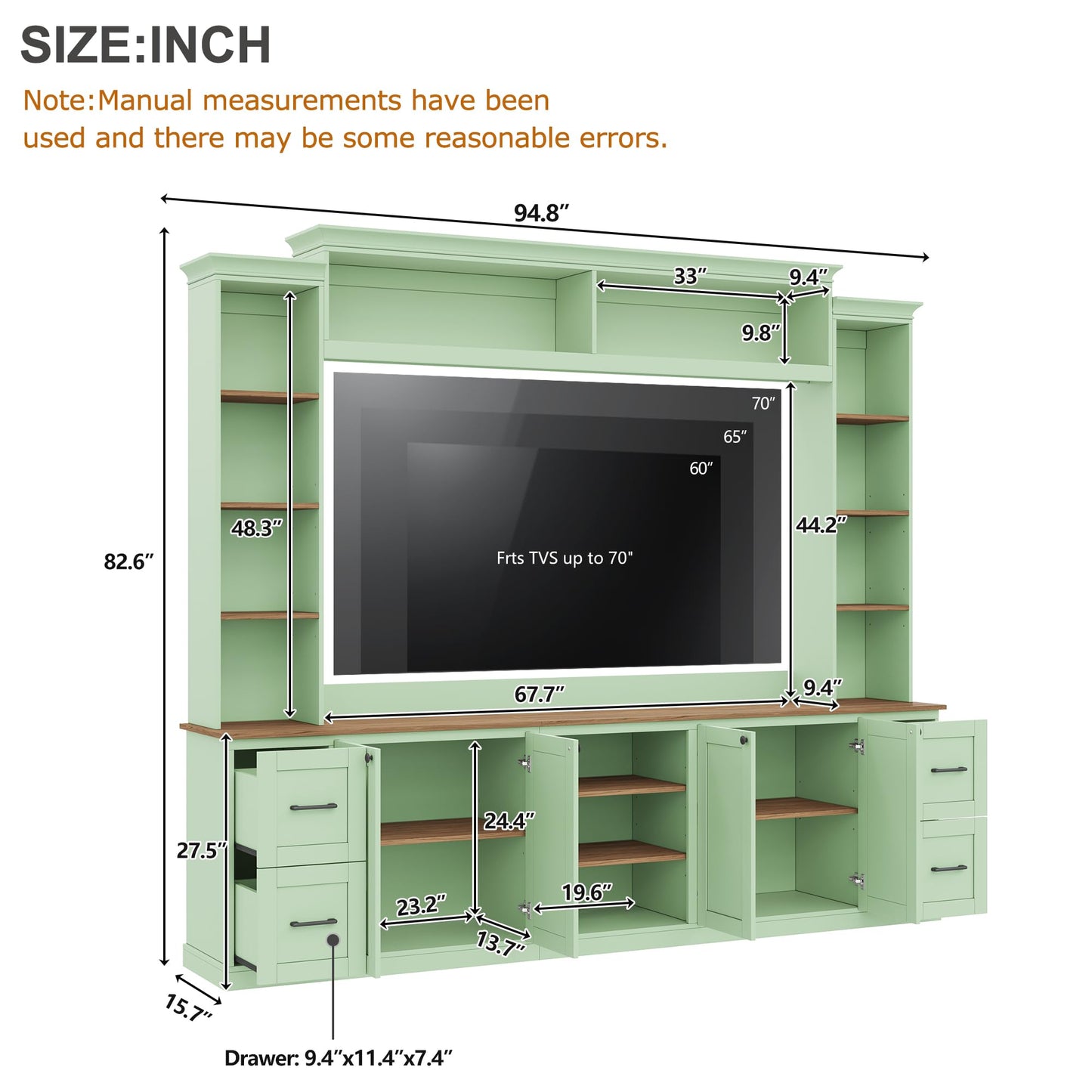 Ball & Cast 94.8" Entertainment Center Wall Unit with Bookshelf for TVs Up to 70",Farmhouse Large TV Stand with Walnut Adjustable Shelves,Retro Media Console with 4 Drawers for Living Room,Mint Green