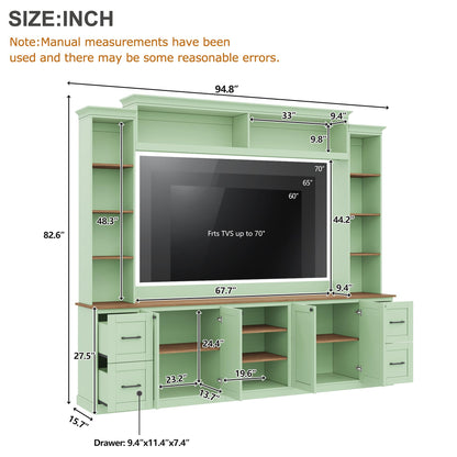 Ball & Cast 94.8" Entertainment Center Wall Unit with Bookshelf for TVs Up to 70",Farmhouse Large TV Stand with Walnut Adjustable Shelves,Retro Media Console with 4 Drawers for Living Room,Mint Green