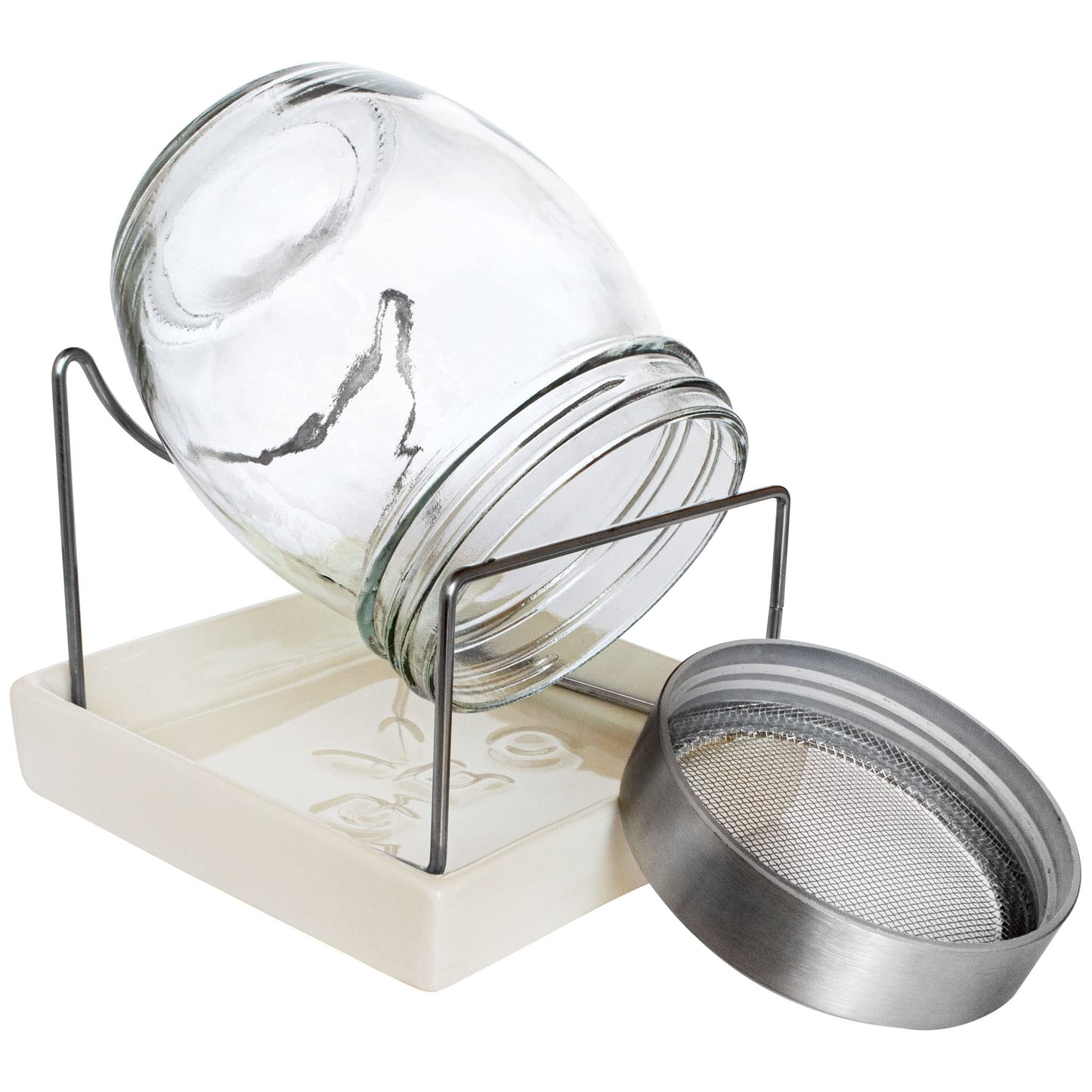 GEO Sprouting Jar - Italian Design - Glass Jar with Stainless Steel Screen, Rim, Stand on Ceramic Base
