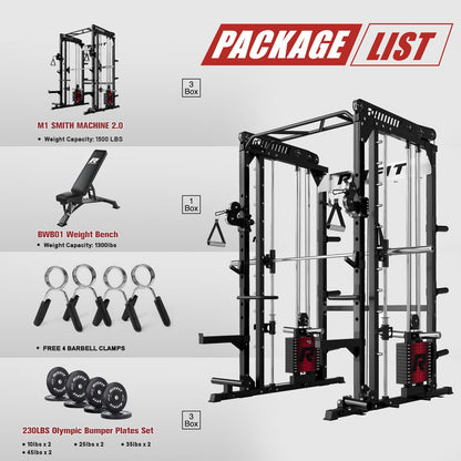 RitFit M1 Pro Smith Machine Package, All-in-One Power Cage with Weight Stack Set, Includes LAT Pulldown & Cable Crossover System for Home Gym