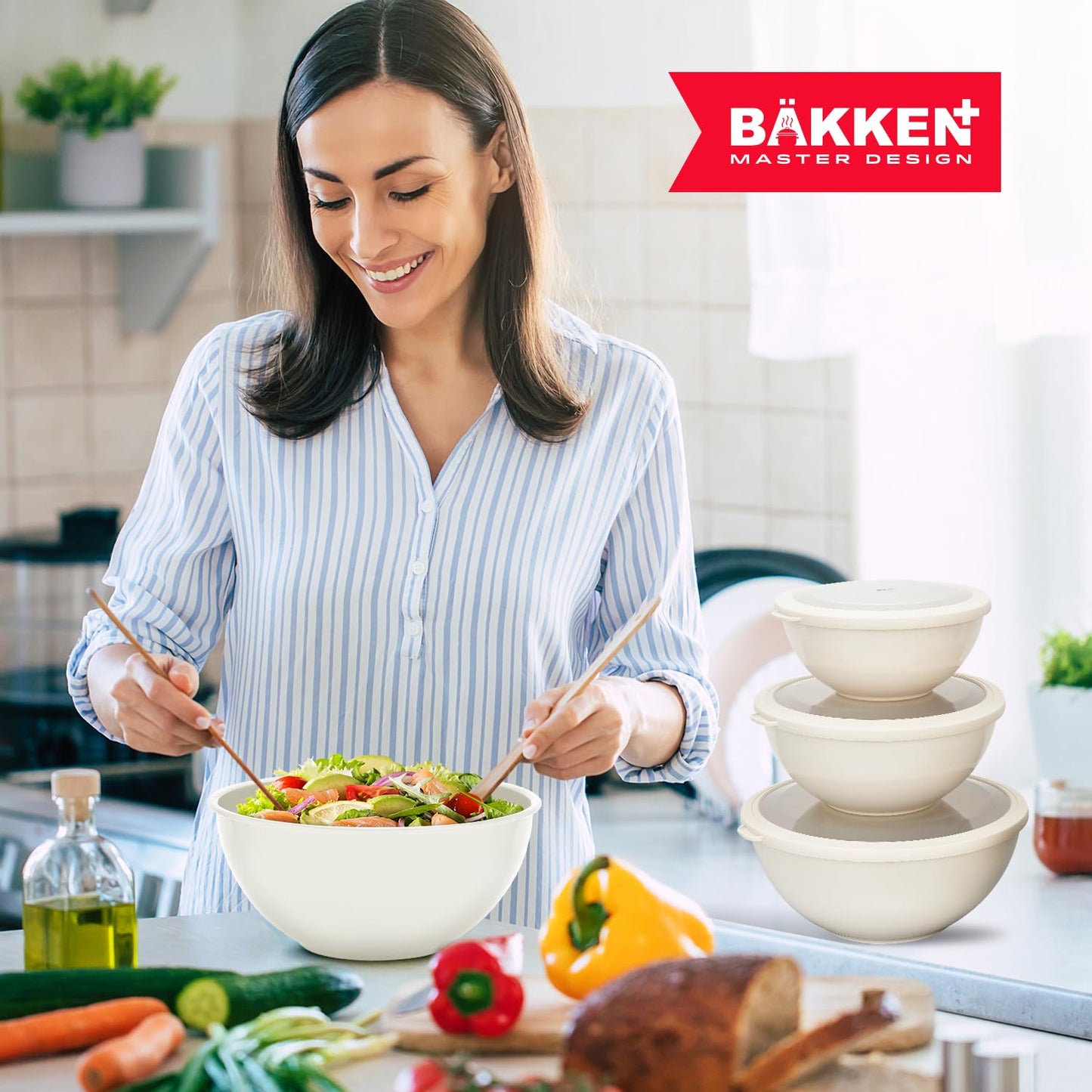 Bakken Master 12 Piece Plastic Nesting Bowls with Lids - Mixing Bowls Set includes 6 Prep Bowls and 6 Lids, BPA-Free, Reusable Meal Prep Containers, Microwave, Freezer & Dishwasher Safe, White Cream