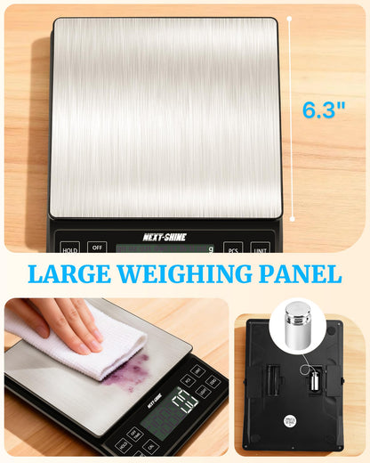 NEXT-SHINE Food Kitchen Scale 11lb, 0.1g/0.01oz Precise Graduation Rechargeable Digital Scale with Nine Units Large Tray Stainless Steel Platform LCD Display for Meal Prep Cooking Baking