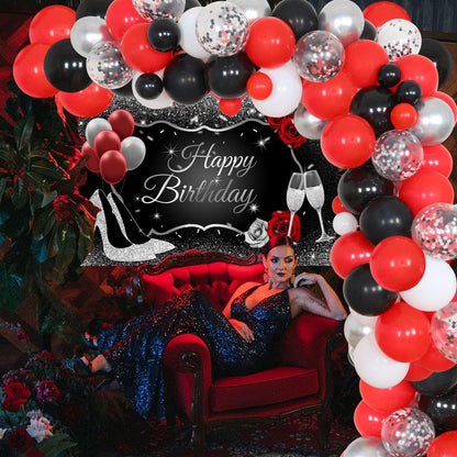 JOYMEMO Red Black and Silver Party Decorations, Women's Birthday Supplies with Balloon Garland and Backdrop