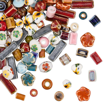 SUNNYCLUE 1 Box 100Pcs Porcelain Bead Painted Ceramic Beads Bulk Flower Floral Printed Column Tube Flat Rondelle Charms Loose Spacers for Jewelry Making Earrings Bracelets Necklaces DIY Crafts Decor