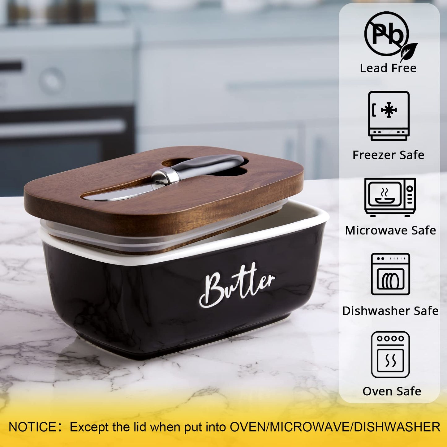ALELION Black Butter Dish with Lid and Knife for Countertop - Airtight Ceramic Butter Keeper Container with Thick Acacia Wood Lid for Counter or Fridge - for Farmhouse Kitchen Decor and Accessories