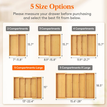 Lifewit Utensil Organizer for Kitchen Drawer, Expandable 13 to 22.4 Inches Wide, Adjustable Cooking Silverware Tray, Bamboo Cutlery Flatware Holder, Spatula Tools and Gadgets Storage Divider, Natural