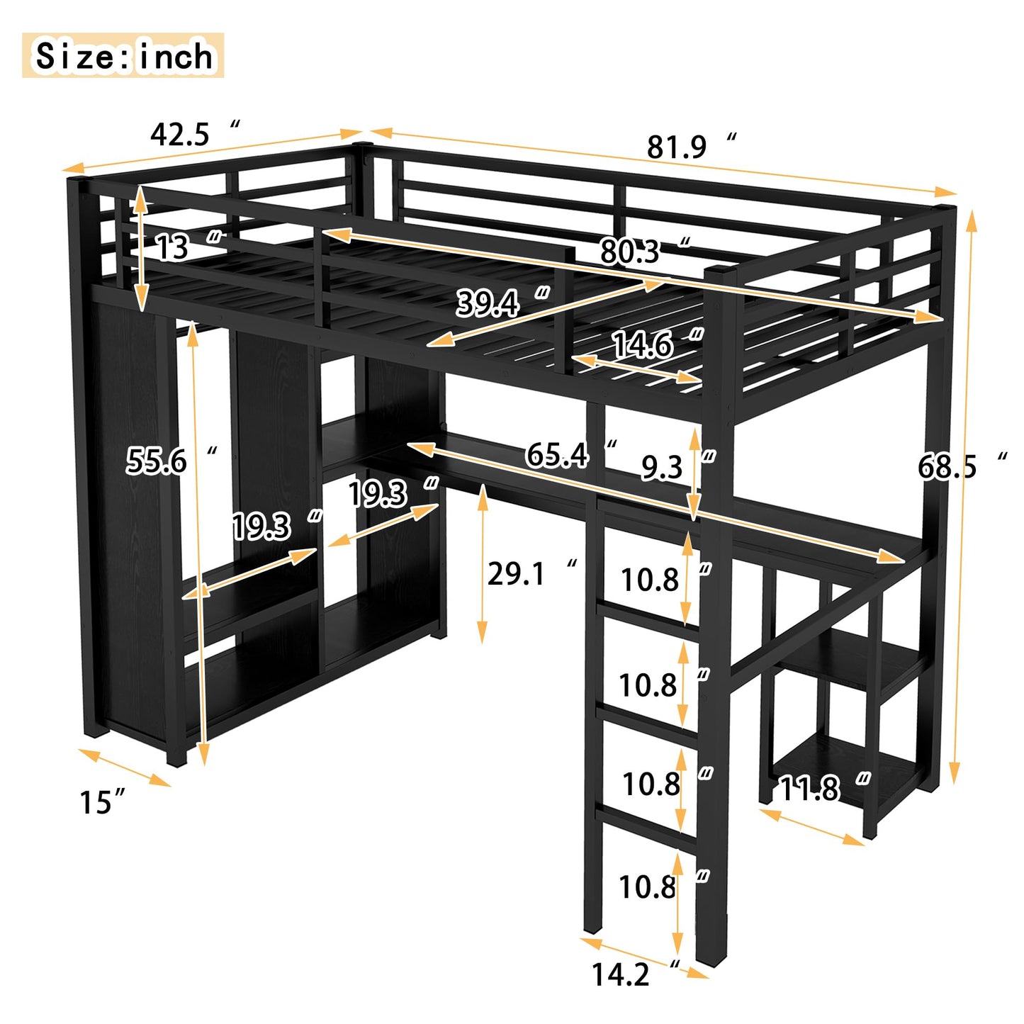 Bellemave Metal Twin XL Size Loft Bed with Desk and Wardrobe,Heavy Duty Loft Bed Frame with Storage Shelves for Kids,Teens,Adults, Space Saving,Black