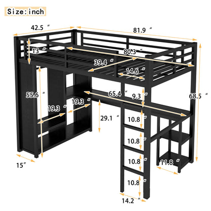 Bellemave Metal Twin XL Size Loft Bed with Desk and Wardrobe,Heavy Duty Loft Bed Frame with Storage Shelves for Kids,Teens,Adults, Space Saving,Black