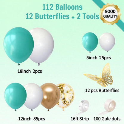 Teal Balloon Garland Kit with Gold Butterflies, Turquoise, Blue, Green, White & Gold Balloons for Party Decor