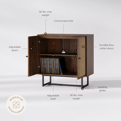 Nathan James Kova Bohemian Rattan Accent Sideboard Storage Cabinet, with Doors and Matte Black Legs, Dark Brown/Black