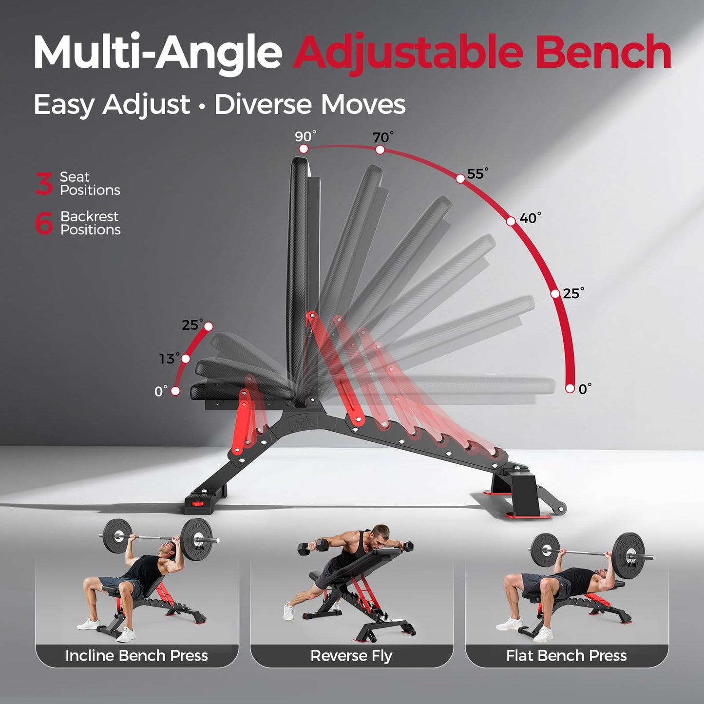 FLYBIRD WB7 Weight Bench, Commercial Grade Adjustable Weight Bench - 1300LBS Workout Bench for Home Gym, Flat Incline Bench Press Heavy Duty Bench with 34'' Extra-Long Backrest and Easy-Roll Wheels