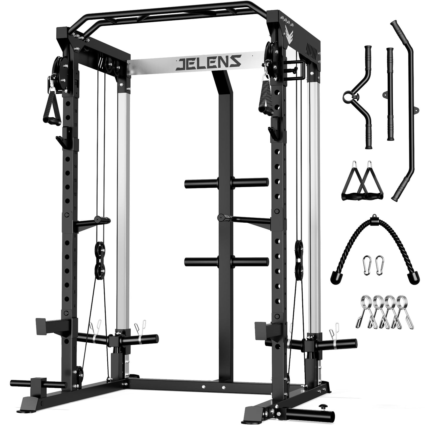 JELENS C21 Power Cage, 2000LBS Multi-Function Power Rack with Independent Dual Pulley System, All-in-One Squat Rack for Cable Crossover, Home Gym Workout Machine (Black, C21 Power Cage)