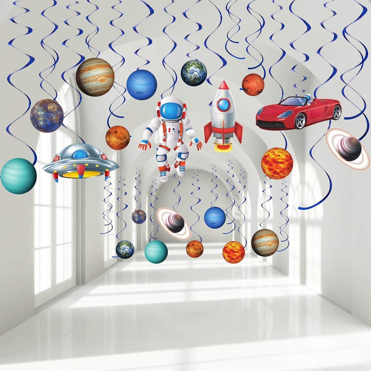 Blulu 30 Pcs Outer Space Party Decoration, Blue Solar System Planet UFO Rocket Astronaut Hanging Swirls