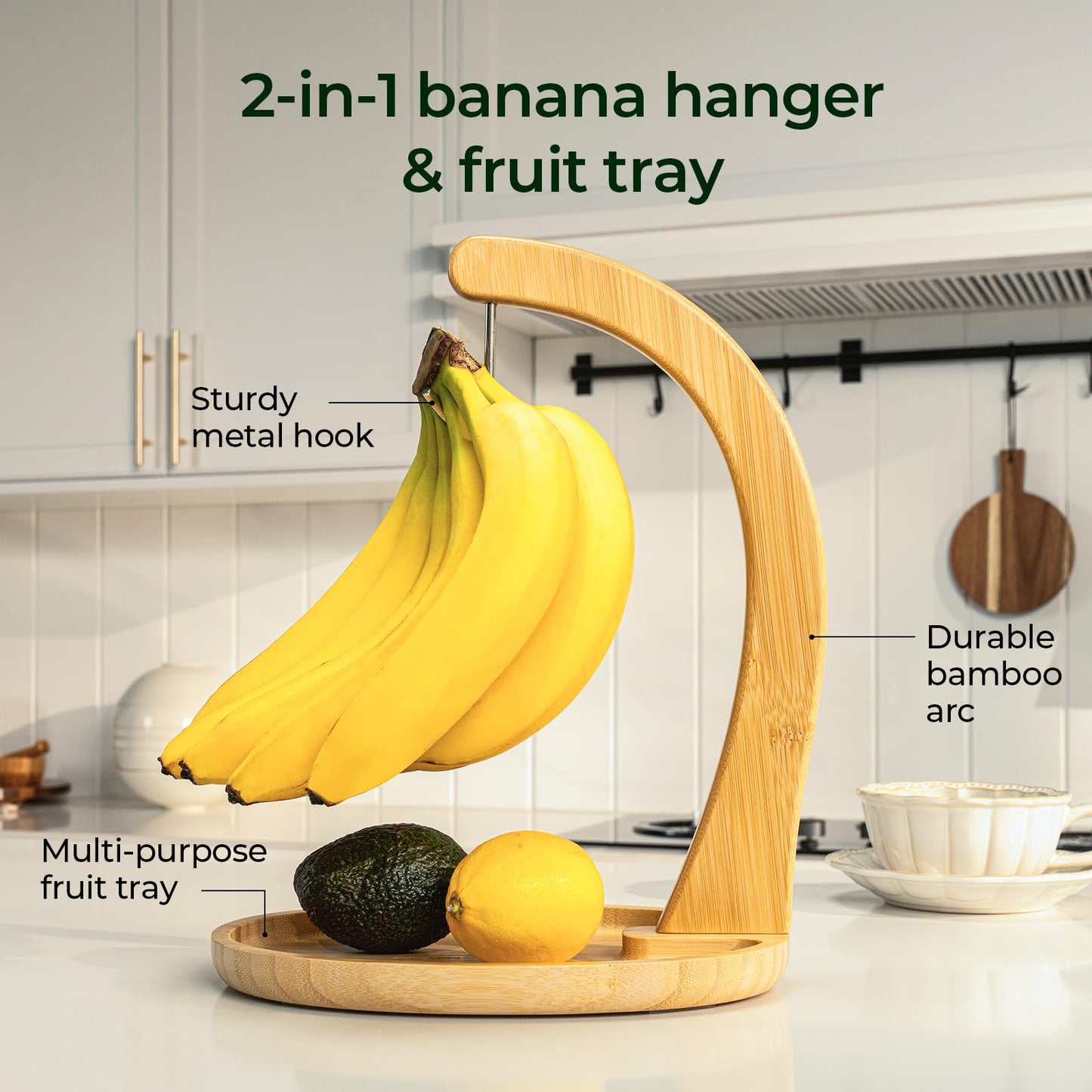keechee Premium Bamboo Banana Holder with Fruit Tray, Extra Tall 12.9" Banana Hanger Stand for Kitchen Countertop, Sturdy Banana Hook Keeps Fruit Fresh & Bruise-Free, Easy Assembly