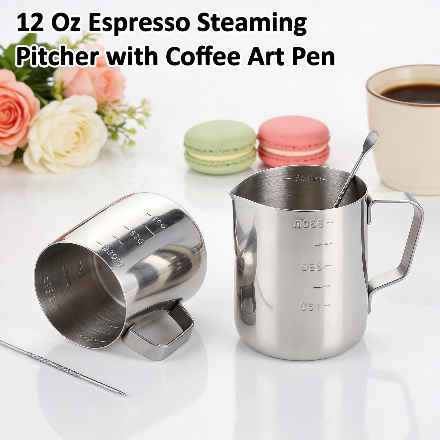 4 Pcs Stainless Steel Espresso Milk Frothing Pitcher Set with Latte Art Pen, 12 oz Milk Frother Cup, Frothing Cup for Cappuccino, Latte, Home & Cafe Use