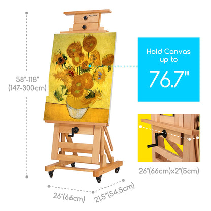 MEEDEN Extra-Large Artist Easel, Heavy Duty Painting Easel, Solid Beech Wood Professional H-Frame Easel, Movable and Tilting Flat Art Easel Stand for Adults, Holds Art Canvas Up to 76.7"