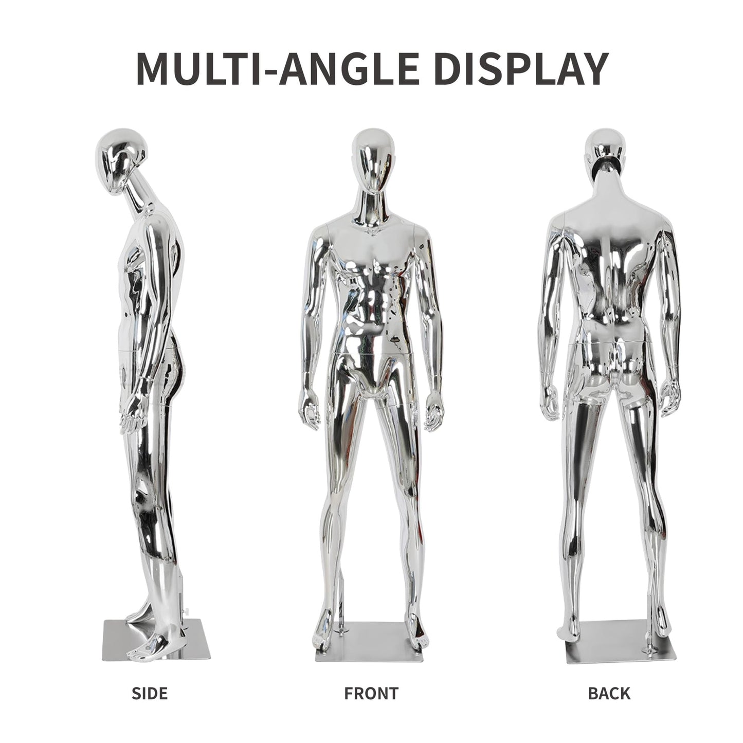 Full Body Male Mannequin with Chrome Metallic Finish, Fiberglass Abstract Dress Form with Posable Head, Futuristic Retail Display Dummy with Metal Base for Men's Fashion Window(Chrome Gold)