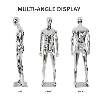 Full Body Male Mannequin with Chrome Metallic Finish, Fiberglass Abstract Dress Form with Posable Head, Futuristic Retail Display Dummy with Metal Base for Men's Fashion Window(Chrome Silver)