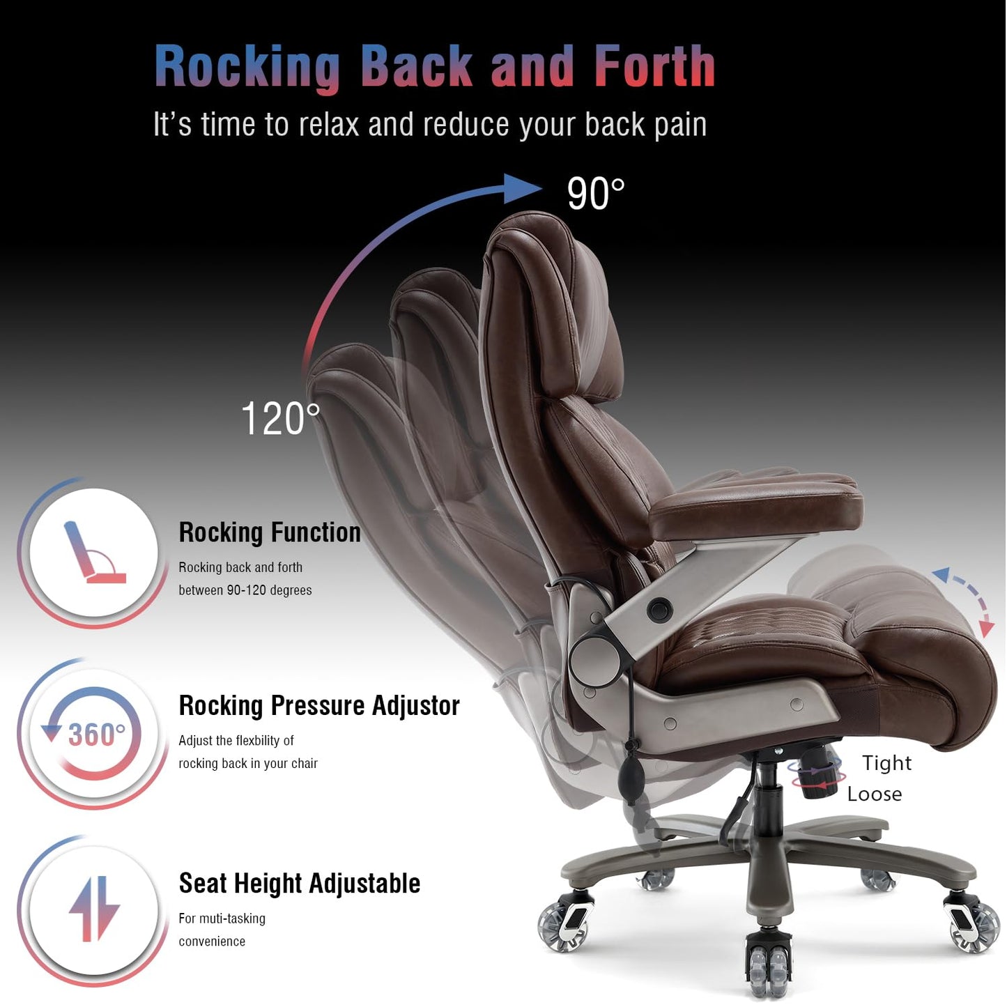 700lbs Big and Tall Office Chair - Adjustable Lumbar Support Heavy Duty Metal Base Quiet Rubber Wheels High Back Large Executive Computer Desk Swivel Chair, Ergonomic Design for Back Pain