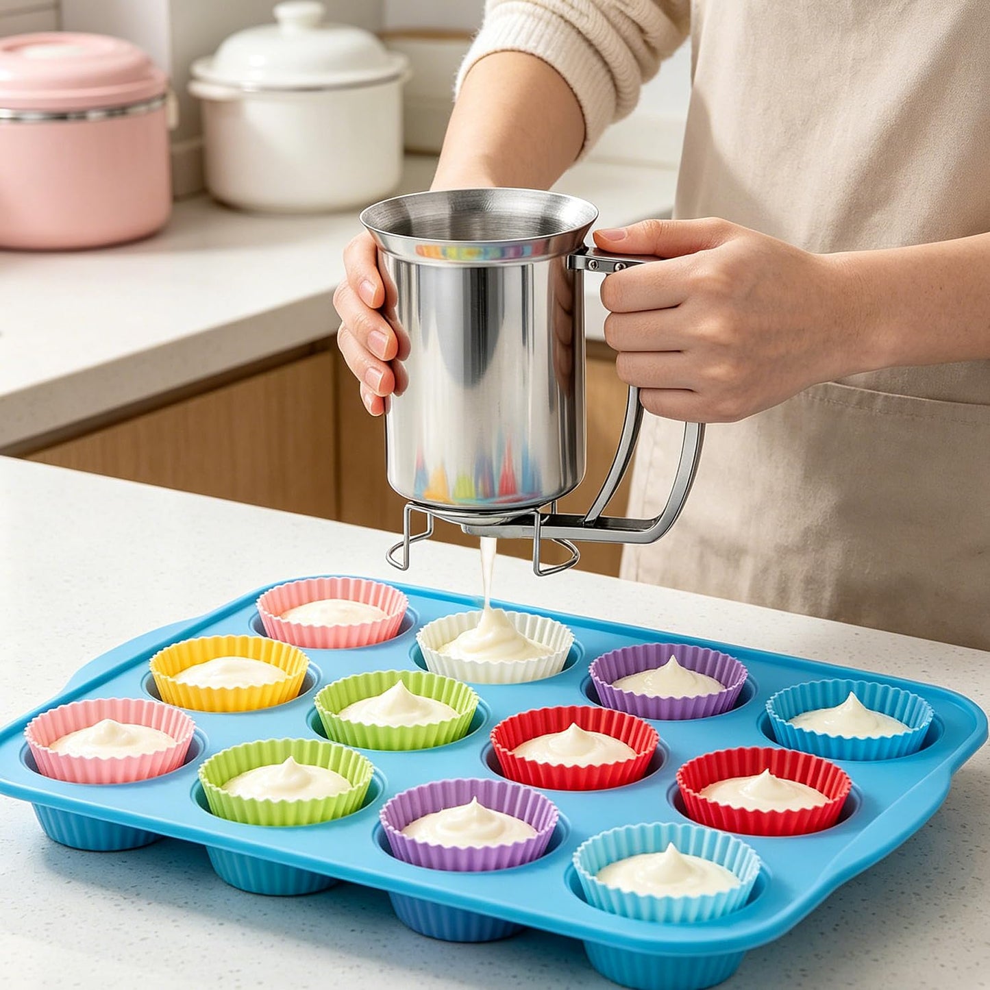 Pancake Dispenser for Batter, Stainless Steel Batter Dispenser, 900ML Funnel Cake Dispenser Batter Pourer for Baking Cupcakes Muffins Crepes Waffles