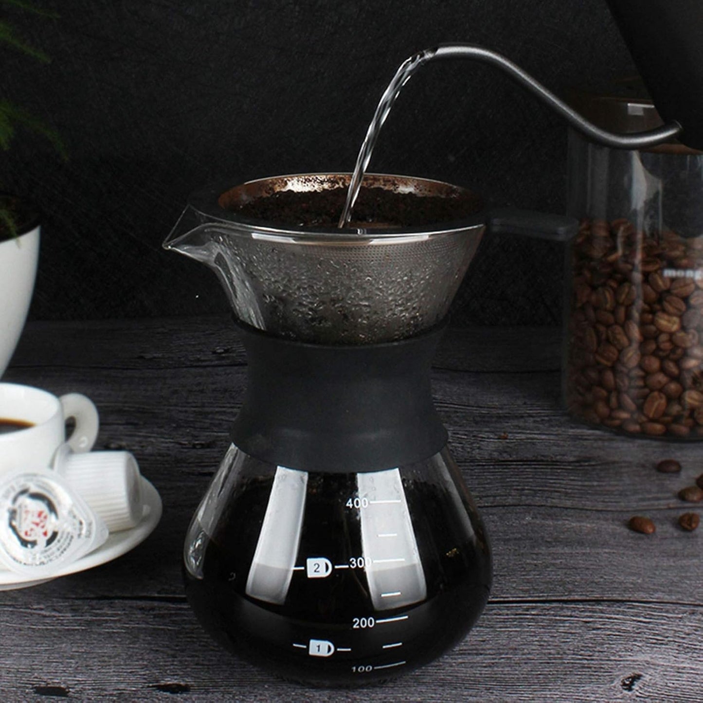 Ymiko Pour Over Coffee Maker, Manual Hand Drip Brewer with Glass Carafe Pot & Stainless Steel Filter