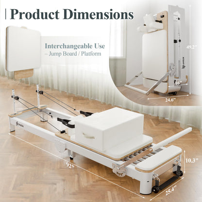 PAETA Pilates Reformer, 92” Aluminum Reformer Pilates Machine, Foldable Pilates Machine Equipment, with Music Wire Springs and Jump Boards, Cream White