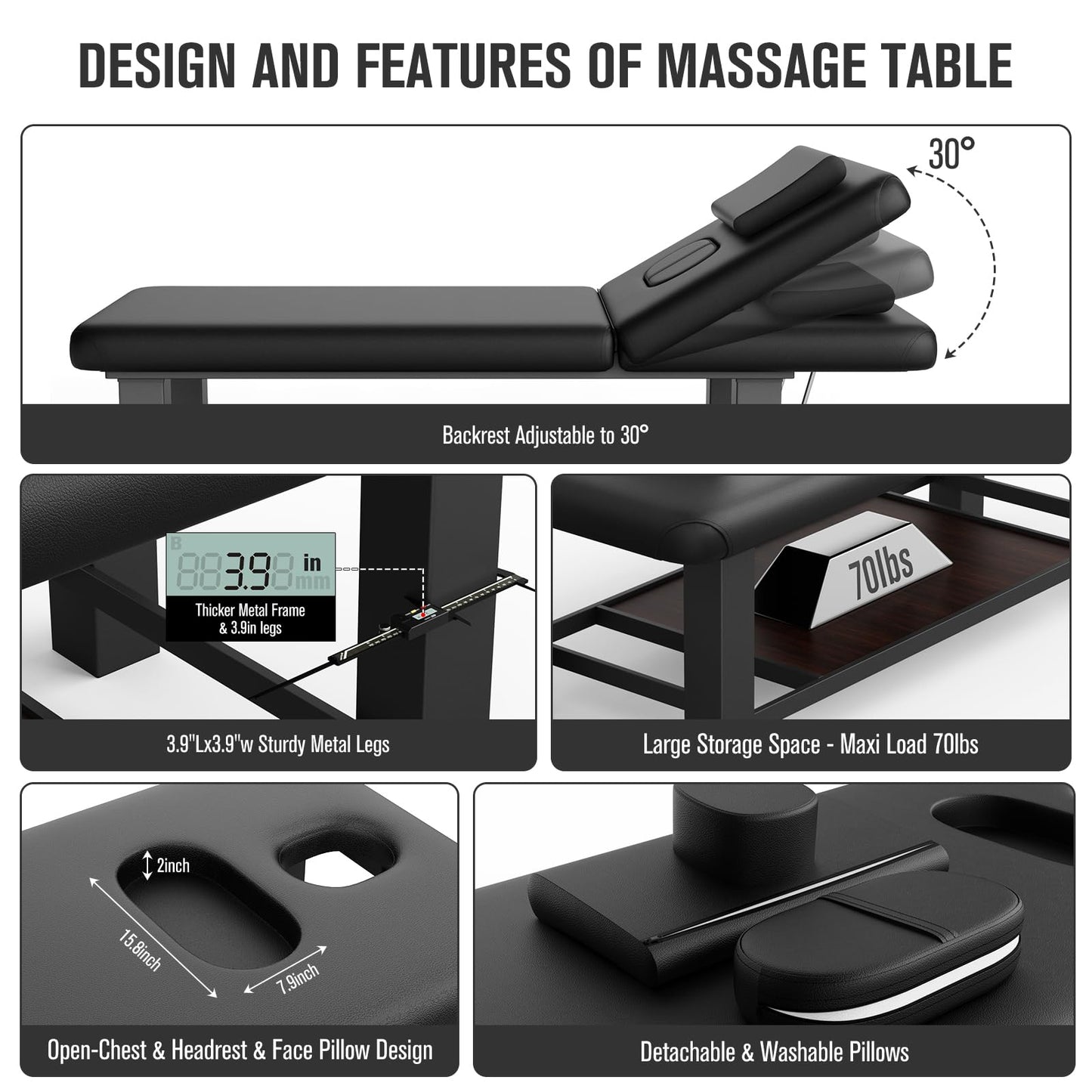 Ufurpie Adjustable Backrest Massage Table and Round Swivel Ottoman, Professional Massage Set, Heavy-Duty Spa Bed, 360° Adjustable Height Makeup Vanity Stool, for Salon Facial Physical Therapy, Black