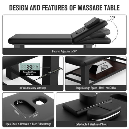 Ufurpie Adjustable Backrest Massage Table and Round Swivel Ottoman, Professional Massage Set, Heavy-Duty Spa Bed, 360° Adjustable Height Makeup Vanity Stool, for Salon Facial Physical Therapy, Black
