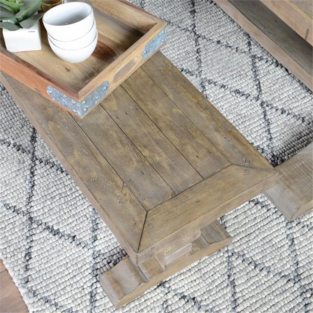 Trent Home 83" Transitional Reclaimed Pine Wood Bench, Weathered Brown Finish, FSC Certified, Hand-Carved Pedestal Base, Rustic Seating for Kitchen, Dining Room or Entryway
